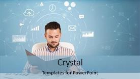  Presentation with hours of business operations - Beautiful PPT layouts featuring systems thinking - young business person with operational backdrop and a light blue colored foreground