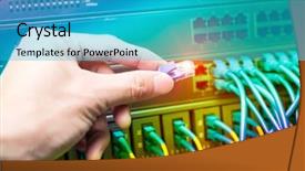  Presentation with network cable - PPT layouts having systems transmit - hand plugging cable in network background and a cyan colored foreground