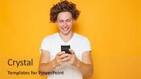  Presentation with blue and yellow phone - Amazing slide deck having t cell - brunette curly man in casual backdrop and a  colored foreground