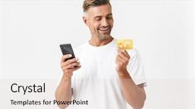  Presentation with credit card - Beautiful presentation featuring t cell - image of brunette man 30s backdrop and a  colored foreground