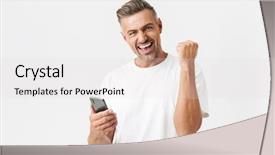  Presentation with smartphone - Presentation theme enhanced with t cell - image of cheery man 30s background and a light gray colored foreground
