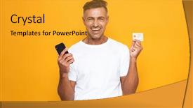  Presentation with credit card - Audience pleasing slide deck consisting of t cell - image of handsome guy 30s backdrop and a gold colored foreground