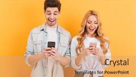  Presentation with cell phones - Presentation consisting of t l phonie - photo of excited people man background and a coral colored foreground