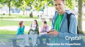  Presentation with college students - Slide deck consisting of portrait of a smiling college boy text messaging with blurred students sitting in the park background and a teal colored foreground