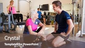  Presentation with exercise trainer - Colorful slide deck enhanced with t p - senior woman discussing exercise program backdrop and a violet colored foreground