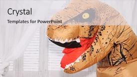  Presentation with costume - Cool new PPT theme with t rex - dinosaur dinosaur costume backdrop and a light gray colored foreground