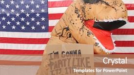  Presentation with costume - Slide set featuring t rex - man in a dinosaur costume background and a coral colored foreground