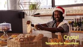  Presentation with employee recognition vedio - Slide deck having t serve - smiling hipster employee serving take background and a  colored foreground