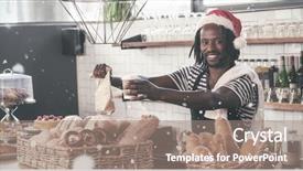  Presentation with falling snow - Slide deck having t serve - smiling hipster employee serving take background and a coral colored foreground