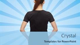  Presentation with blue design - Colorful presentation enhanced with t-shirt design advertisement and people concept - woman in blank black t-shirt over blue burst rays background from back backdrop and a light blue colored foreground
