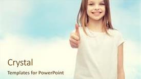  Presentation with girl design - Beautiful presentation featuring t-shirt design and happy people concept - smiling little girl in blank white t-shirt showing thumbs up backdrop and a cream colored foreground