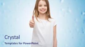  Presentation with girl design - PPT theme with t-shirt design and happy people concept - smiling little girl in blank white t-shirt showing thumbs up background and a sky blue colored foreground