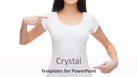  Presentation with design - Presentation theme consisting of t-shirt design concept - smiling woman in blank white t-shirt background and a sky blue colored foreground