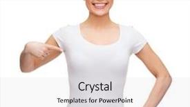  Presentation with design - Audience pleasing slide set consisting of t-shirt design concept - smiling woman in blank white t-shirt pointing at herself backdrop and a light gray colored foreground