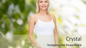  Presentation with tank - Slides having t-shirt design concept - smiling woman in blank white tank top background and a soft green colored foreground