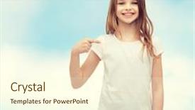  Presentation with girl design - Cool new presentation with t-shirt design concept - smiling little girl in blank white t-shirt pointing at herself backdrop and a cream colored foreground