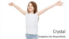  Presentation with girl design - Presentation theme with t-shirt design happiness freedom future concept - smiling teenage girl in blank white t-shirt with raised hands background and a white colored foreground