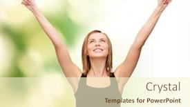  Presentation with tank - Slide deck having t-shirt design happy people concept - smiling woman in blank black tank top showing thumbs up background and a cream colored foreground