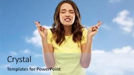  Presentation with sky blue and golden yellow - Beautiful slide deck featuring t-shirt holding fingers cross backdrop and a light blue colored foreground