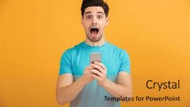  Presentation with man holding phone - Theme enhanced with t-shirt holding mobile phone background and a gold colored foreground