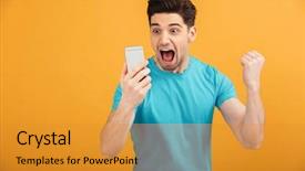  Presentation with man holding phone - Cool new PPT layouts with t-shirt holding mobile phone backdrop and a gold colored foreground