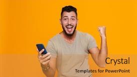  Presentation with man holding phone - Slide deck having t-shirt isolated over orange background and a gold colored foreground