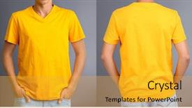  Presentation with grey - Slide deck having t-shirt on young man background and a gold colored foreground