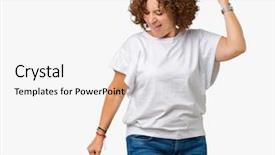  Presentation with listening woman - Colorful PPT layouts enhanced with t-shirt over isolated background backdrop and a white colored foreground