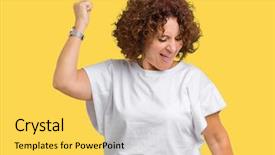 Presentation with listening woman - PPT layouts with t-shirt over isolated background background and a yellow colored foreground