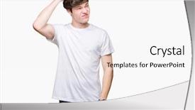  Presentation with question - Slide set featuring t-shirt over isolated background background and a white colored foreground