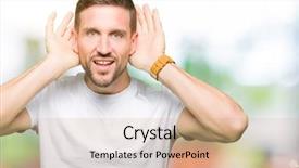  Presentation with man head in hands - PPT theme with t-shirt trying to hear background and a  colored foreground