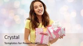 Presentation with teenage girl - Amazing theme having t-shirt with gift boxes backdrop and a coral colored foreground
