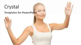  Presentation with white blank notebook silver - Colorful slide set enhanced with t-shirt with raised hand backdrop and a white colored foreground