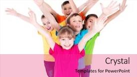  Presentation with children hands - Slides having t-shirts standing together top background and a coral colored foreground