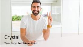  Presentation with victory - Beautiful slides featuring t v - handsome hispanic man casual white backdrop and a soft green colored foreground