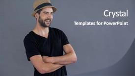  Presentation with black man - Audience pleasing PPT layouts consisting of t v - happy man in black t-shirt backdrop and a gray colored foreground