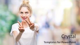  Presentation with victory - Colorful presentation design enhanced with t v - young beautiful blonde woman wearing backdrop and a  colored foreground