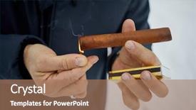  Presentation with cigar - PPT layouts enhanced with cover tobacco - close-up hands of man background and a coral colored foreground