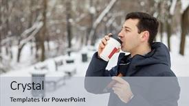  Presentation with energy drinks - Slide deck featuring cover tobacco - man in jacket drinks coffee background and a light gray colored foreground