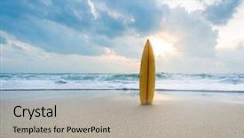  Presentation with sunset beach - Audience pleasing PPT theme consisting of tabla - surfboard on the beach backdrop and a light gray colored foreground
