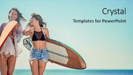  Presentation with fun - Colorful presentation theme enhanced with tabla - surfers on beach having fun backdrop and a light blue colored foreground