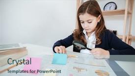  Presentation with cheerful stylish city girl using - PPT layouts featuring table and using magnifying glass background and a  colored foreground