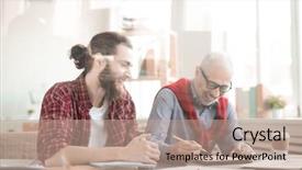  Presentation with partners - Slide set enhanced with table and working in team background and a coral colored foreground