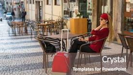  Presentation with talking on phone - Theme with table at an outdoor cafe background and a violet colored foreground