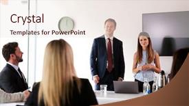  Presentation with meeting table - Colorful PPT layouts enhanced with table at graduate recruitment assessment backdrop and a sky blue colored foreground