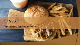  Presentation with burger fries - Audience pleasing slides consisting of table background close-up unhealthy backdrop and a  colored foreground