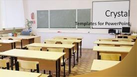  Presentation with class - PPT theme enhanced with table chair - interior of an empty school background and a light gray colored foreground