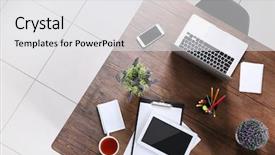  Presentation with view concept of creative logic - PPT theme featuring table chair - session concept workplace top view background and a white colored foreground