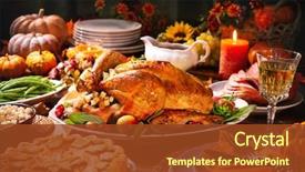  Presentation with thanksgiving dinner - Audience pleasing slides consisting of table decoraded with pumpkins vegetables backdrop and a tawny brown colored foreground