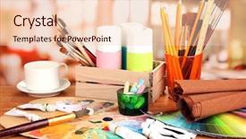  Presentation with paint art - Amazing presentation design having table design - artistic equipment paint brushes backdrop and a lemonade colored foreground
